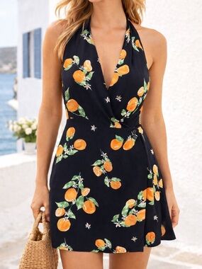 Leith (Nordstrom) Citrus Print Halter Wrap Mini Dress Black Orange Size Small.